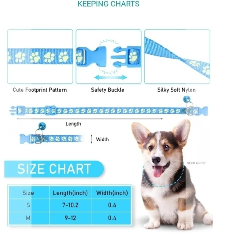 Adjustable Reflective Footprint with Bell Dog Cat Collar Nylon Sky Blue‎